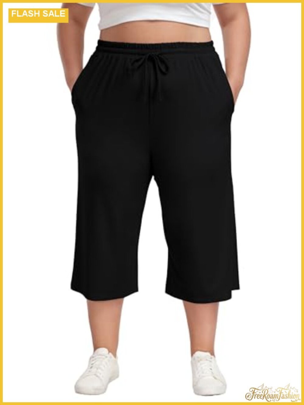 Plus Size Wide Leg Cropped Capri Pants with Pockets Stretch Yoga Lounge